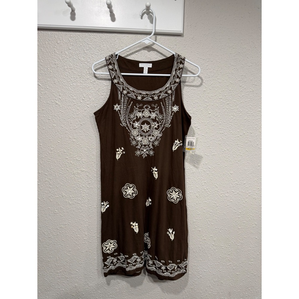 NWT Charter Club Petite MP Brown Embroidered Beaded Shift Dress Boho Resort Luxe - Picture 2 of 8